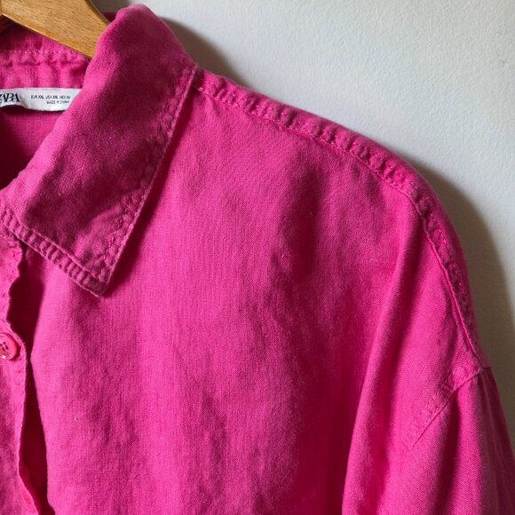 EUC ZARA PINK SEMI CROPPED BUTTON DOWN 100% LINEN SHIRT SIZE XXL WMN - Picture 8 of 16
